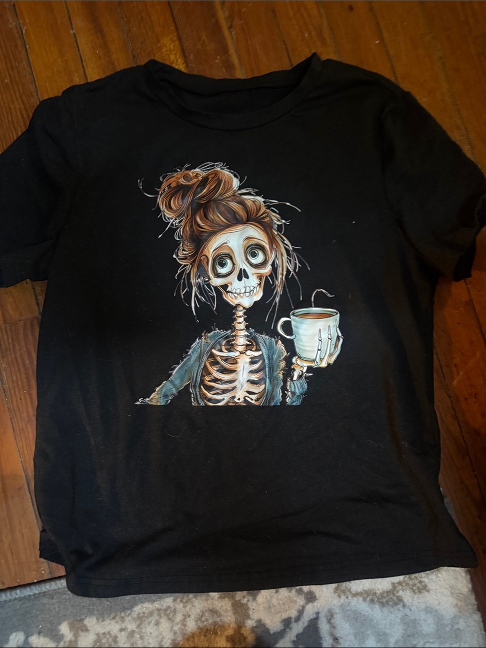 Chic Nation Black Tee with Skeleton Girl and Coffee Graphic